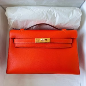 Hermes Kelly Pochette Handmade Bag In Rouge Piment Swift Calfskin