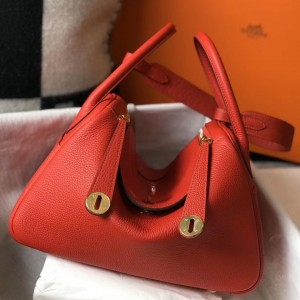 Hermes Red Clemence Lindy 30cm Bag with GHW