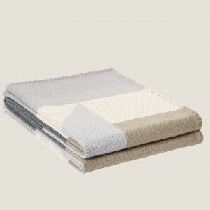 Hermes H Drapeau Blanket in Acier and Perle Cashmere