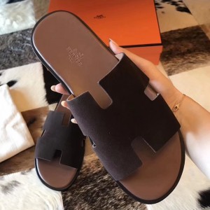 Hermes Izmir Sandals In Chocolate Suede Leather