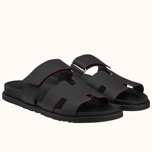 Hermes Men's Chypre Sandals in Black Epsom Calfskin 