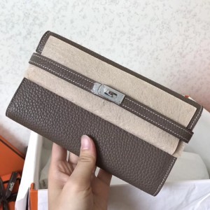 Hermes Kelly Classic Long Wallet In Etoupe Clemence Leather