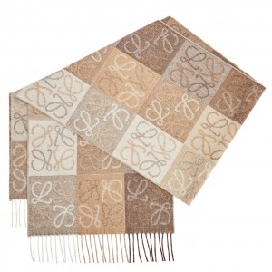 Loewe Anagram Checkerboard Scarf in Beige Wool and Cashmere