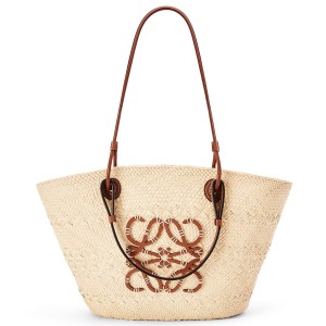 Loewe Medium Anagram Basket Bag in Iraca Palm and Brown Calfskin 