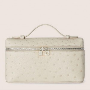 Loro Piana Extra Pocket Pouch L19 in White Ostrich-embossed Leather