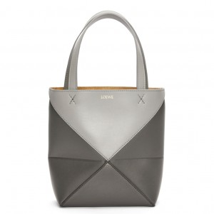 Loewe Mini Puzzle Fold Tote Bag in Grey/Dark Grey Calfskin