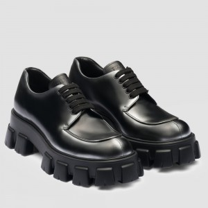 Prada Monolith Lace-up Loafers in Black Brushed Leather