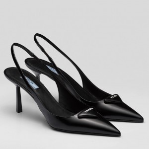 Prada Slingback Pumps 75MM In Noir Brushed Leather