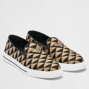 Prada Slip-on Sneakers in Black/Beige Embroidered Fabric