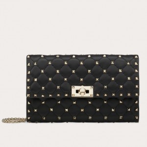 Valentino Rockstud Spike Chain Clutch In Black Lambskin