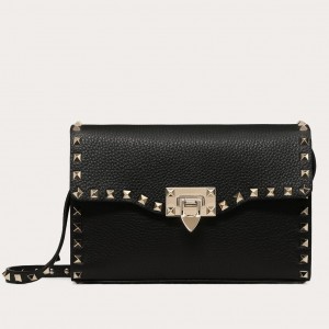 Valentino Rockstud Small Crossbody Bag In Black Grained Leather