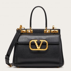 Valentino Rockstud Alcove Medium Top Handle Bag In Black Calfskin