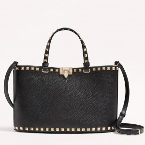 Valentino Rockstud Small Shopping Bag in Black Grainy Calfskin