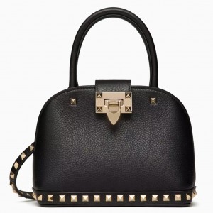 Valentino Small Rockstud Foldover Top Handle Bag in Black Grainy Leather