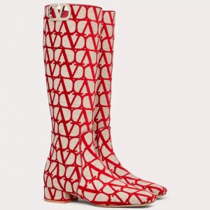 Valentino VLogo Type Knee Boots in Red Toile Iconographe fabric