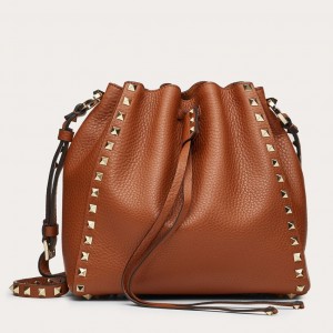 Valentino Small Rockstud Bucket Bag In Brown Calfskin