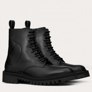 Valentino Black Leather VLogo Combat Boots