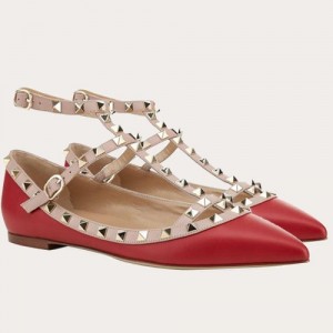 Valentino Cage Rockstud Ballet Flats In Red Calfskin