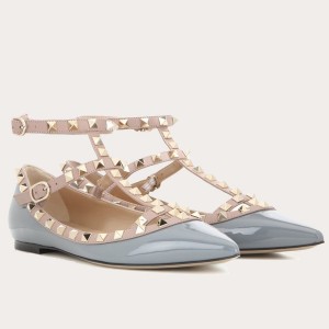 Valentino Caged Rockstud Ballet Flats In Light Blue Patent Leather