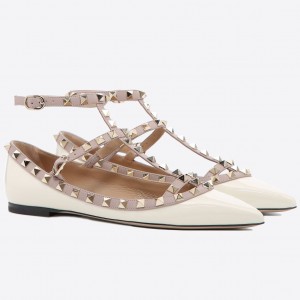 Valentino Caged Rockstud Ballet Flats In White Patent Leather