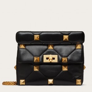 Valentino Medium Roman Stud Chain Bag In Black Nappa