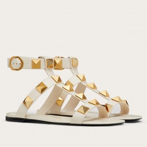 Valentino Roman Stud Flat Sandals In White Calfskin