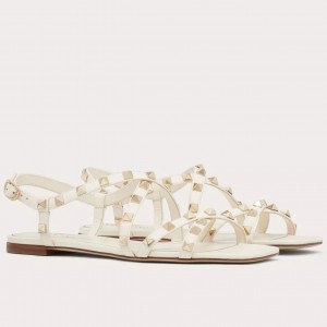 Valentino Rockstud Flat Sandals with Straps in White Leather