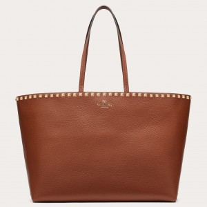 Valentino Rockstud Large Shopping Bag In Brown Leather 