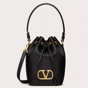 Valentino VLogo Signature Mini Bucket Bag in Black Calfskin