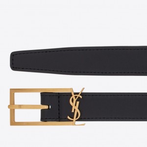 Saint Laurent New Cassandre Buckle Belt 20MM In Black Leather 