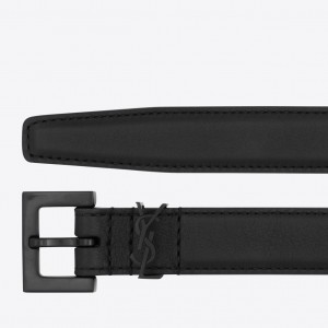 Saint Laurent Cassandre Square Buckle Belt 20MM In All Black Leather