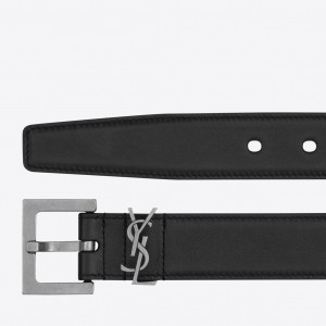 Saint Laurent Cassandre Square Buckle Belt 30MM In Noir Leather