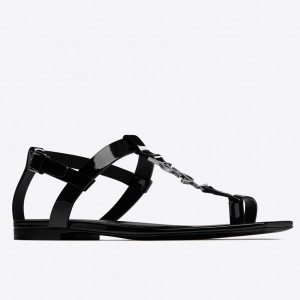 Saint Laurent Cassandra Flat Sandals In Black Patent Leather