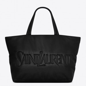 Saint Laurent Wide Puffer Tote Bag in Black Nappa Lambskin