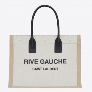 Saint Laurent Rive Gauche Small Tote Bag in White Linen and Leather