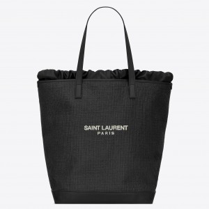 Saint Laurent Teddy Shopping Bag In Black Raffia