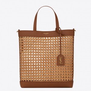 Saint Laurent N/S Toy Shopping Bag In Woven Cane And Leather