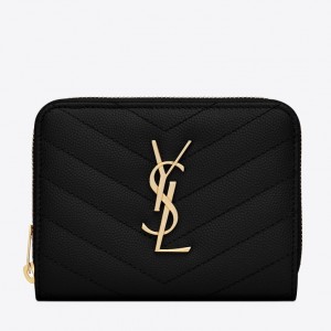 Saint Laurent Compact Zip Around Wallet In Black Leather