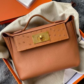 Hermes 24/24 Mini 21 Touch Bag in Gold Evercolor and Ostrich Leather 