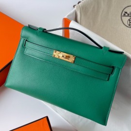 Hermes Kelly Pochette Handmade Bag In Vert Vertigo Swift Calfskin