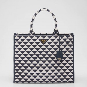 Prada Symbole Large Bag In White/Blue Jjacquard Fabric