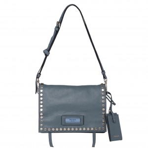 Prada Etiquette Bag In Blue Calfskin With Metal Stud Trim