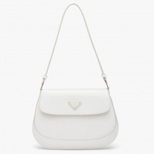 Prada White Brushed Leather Cleo Shoulder Bag with Flap