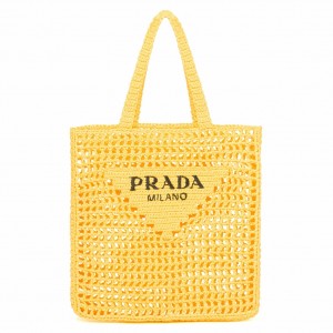 Prada Small Tote Bag In Yellow Woven Raffia