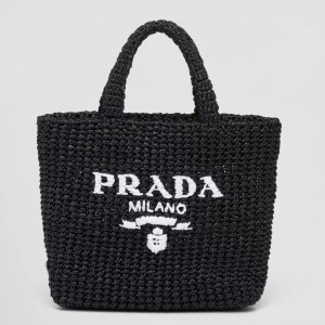 Prada Small Crochet Tote Bag in Black Raffia-effect Yarn