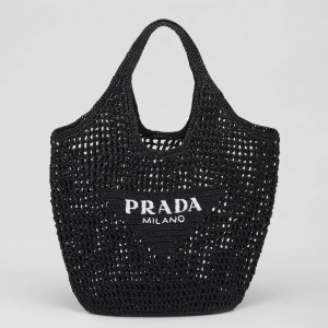 Prada Large Tote Bag In Black Woven Raffia