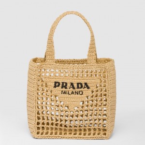 Prada Small Crochet Tote in Beige Raffia-effect Yarn