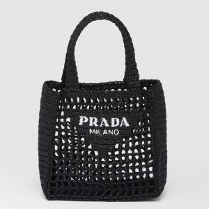 Prada Small Crochet Tote in Black Raffia-effect Yarn