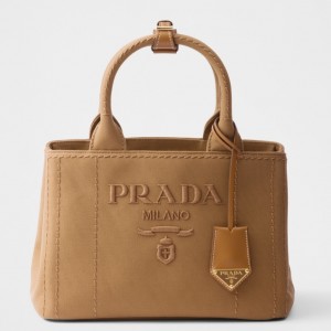 Prada Jardiniere Small Tote Bag in Brown Cotton Canvas