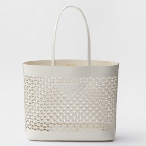 Prada Large Tote Bag in White Perforated Leather